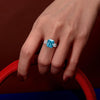 Rectangle Vivid Blue Topaz Wedding Anniversary Ring, Best Three Stone Ring