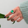 925 Silver Green Lab-Created Emerald Three Stone Ring, Vivid Green Halo Ring, Best Engagement Ring