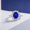 Genuine Lab-Grown Royal Blue Sapphire Ring, 925 Silver Luxury Halo Ring