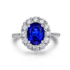 Genuine Lab-Grown Royal Blue Sapphire Ring, 925 Silver Luxury Halo Ring